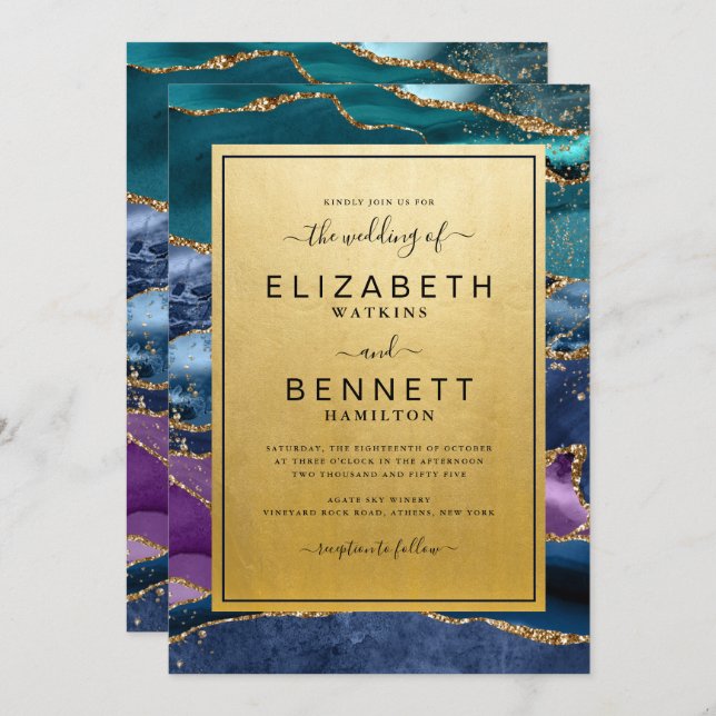 Teal Blue Purple Gold Agate Wedding Invitation (Front/Back)