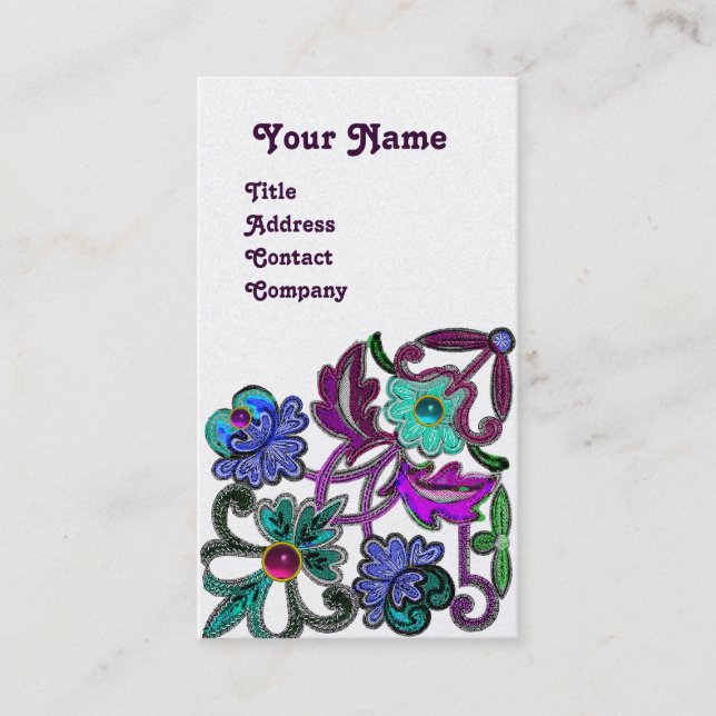 TEAL BLUE PURPLE LACE FLOWERS GEMSTONES Gold Metal Business Card (Front)