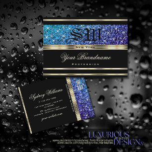 Teal Blue Purple Ombre Glitter Monogram Gold Black Business Card