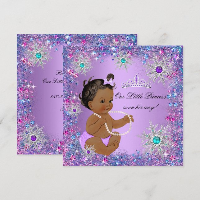 Teal Blue Purple Pink Princess Baby Shower Ethnic Invitation (Front/Back)