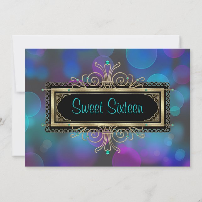Teal Blue Purple Sweet Sixteen Birthday Party Invitation (Front)