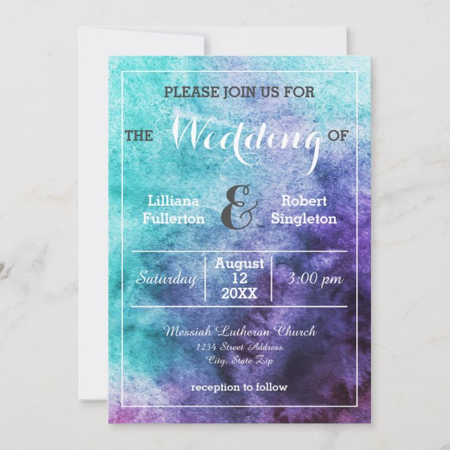 Teal Blue Purple Watercolor - Wedding Invitation (Front)