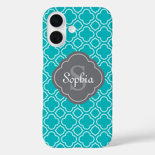 Teal Blue Quatrefoil Pattern Grey Monogram Case-Mate iPhone Case (Back)
