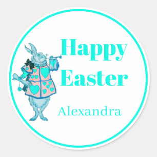 Teal Blue Rabbit Easter sticker. Classic Round Sticker