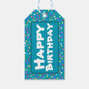 Teal Blue Rainbow Confetti Happy Birthday Gift Tags