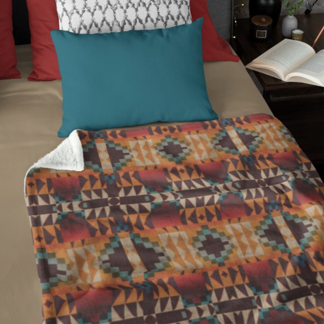 Teal Blue Red Brown Orange Tribal Art Pattern Fleece Blanket (Creator Uploaded)