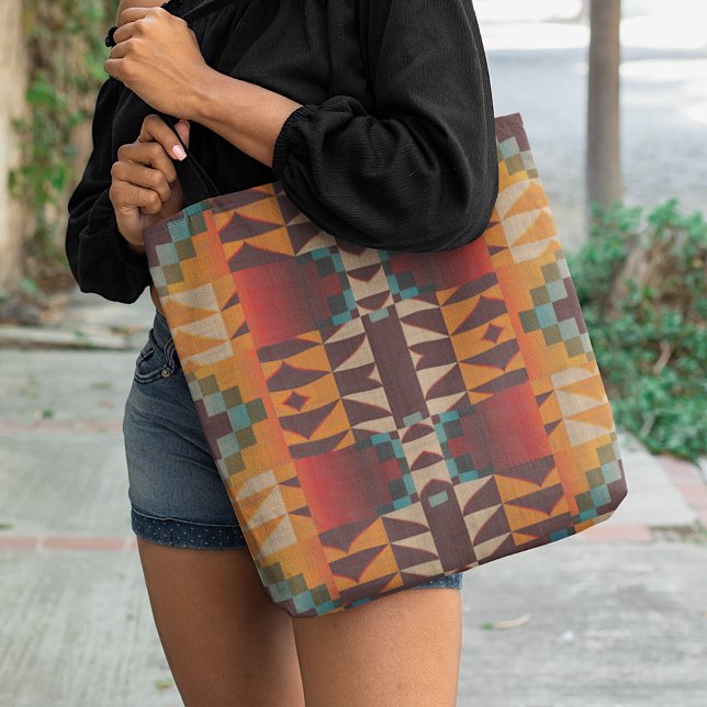 Teal Blue Red Brown Orange Tribal Art Pattern Tote Bag (Creator Uploaded)