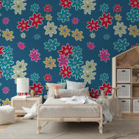 Teal Blue Red Hot Pink Beige Flowers Art Pattern