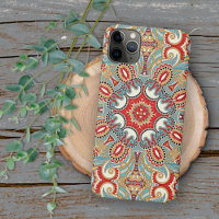 Teal Blue Red Light Orange Floral Mosaic Pattern