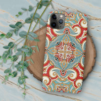 Teal Blue Red Light Orange Floral Mosaic Pattern
