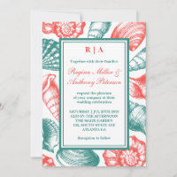 Teal Blue Red Seashells Beach Wedding Invitation