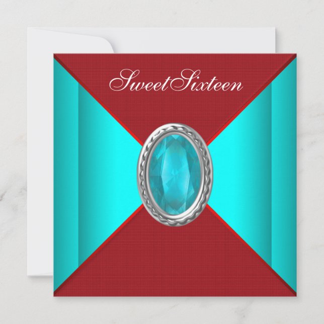 Teal Blue Red Sweet sixteen Birthday Party Invitation (Front)