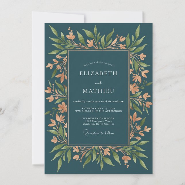 Teal Blue Refined Woodland Wedding Invitation (Front)