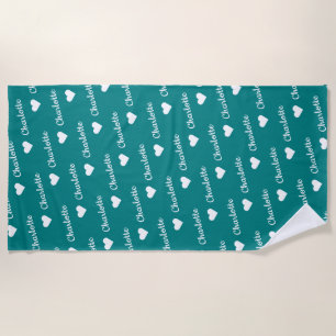 Teal Blue Repeating Name Script Heart Beach Towel