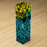 TEAL BLUE RIBBON, BLACK GOLD ART NOUVEAU DAMASK WINE BOX<br><div class="desc">Elegant gold yellow , turquoise , aqua blue gift box with vibrant 3D topaz aquamarine gemstones , classy, unique Art Nouveau damask, easily customisable with your text for wedding wine, nuptial gift , sweet 16, baby showers, bridal showers, quinceanera birthday parties, Bat Mitzvah, romantic engagement showers, Christmas, , holiday ,...</div>