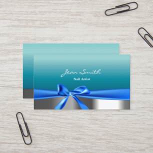 Teal Blue Ribbon Nail Technician Business Card