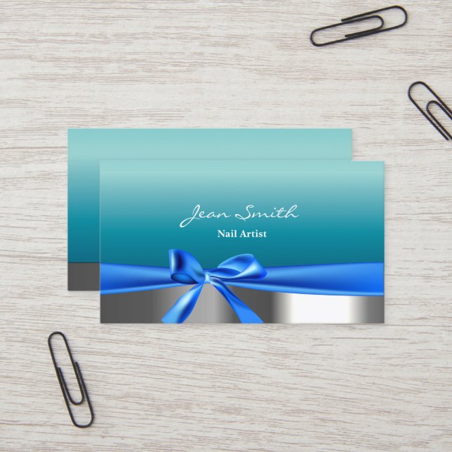 Teal Blue Ribbon Nail Technician Business Card (Front/Back In Situ)