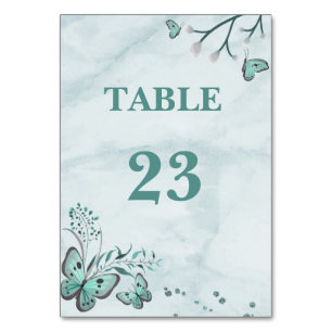 teal blue romantic butterflies leaves botanical table number