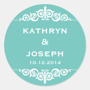 Teal blue romantic elegant scroll wedding favour classic round sticker