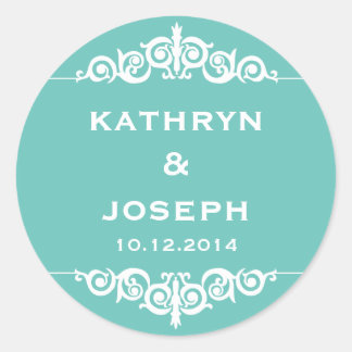 Teal blue romantic elegant scroll wedding favour classic round sticker