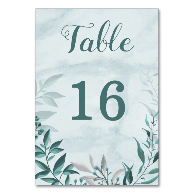 teal blue romantic leaves botanical table number (Front)