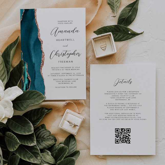 Teal Blue Rose Gold Agate QR Code Wedding Invitation (Creator Uploaded)