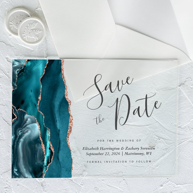 Teal Blue Rose Gold Agate Save the Date Card Acrylic Invitations (Creator Uploaded)