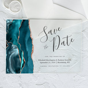 Teal Blue Rose Gold Agate Save the Date Card Acrylic Invitations