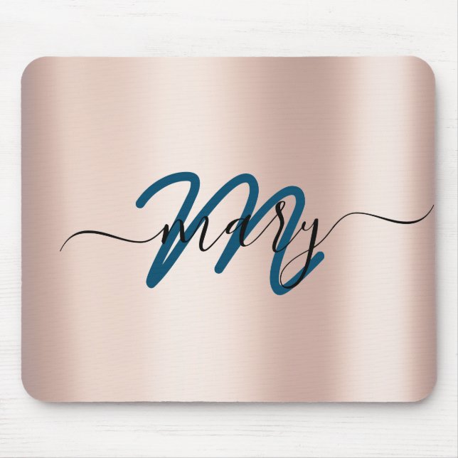 Teal. Blue Rose Minimal Name Monogram. Lux Mouse Pad (Front)