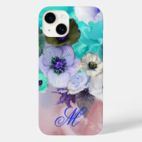 TEAL BLUE ROSES AND WHITE ANEMONE FLOWERS MONOGRAM