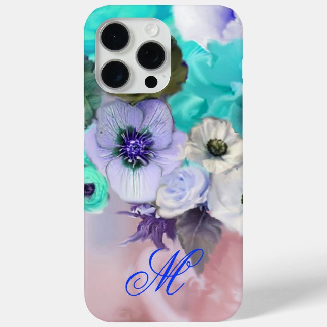 TEAL BLUE ROSES AND WHITE ANEMONE FLOWERS MONOGRAM Case-Mate iPhone CASE (Back)