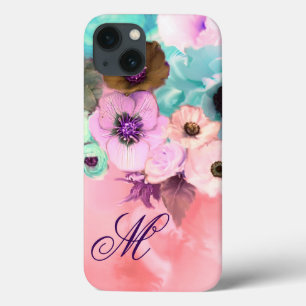 TEAL BLUE ROSES, PINK ANEMONE FLOWERS MONOGRAM iPhone 13 CASE