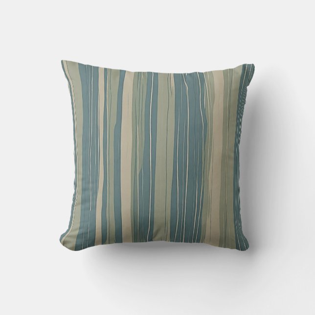 Teal Blue Sage and Beige Stripes Cushion (Front)