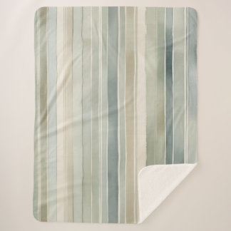 Teal Blue Sage Green Cream Distressed Stripe Large Sherpa Blanket