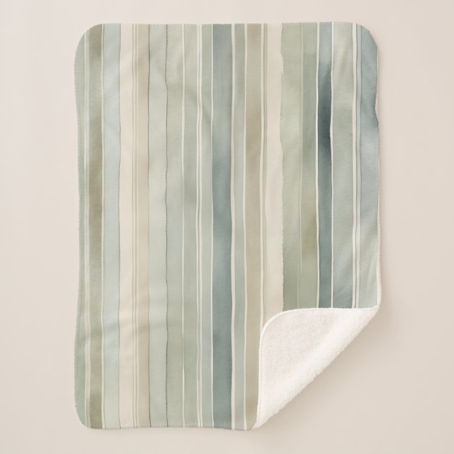 Teal Blue Sage Green Cream Distressed Stripe Small Sherpa Blanket (Front)