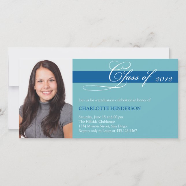 Teal blue script class of graduation announcement (Front)