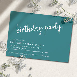 Teal Blue Sea Green   Modern Casual Birthday Party Invitation