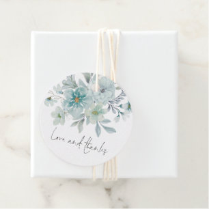 Teal Blue Sea Mist Floral Script Love and Thanks Favour Tags