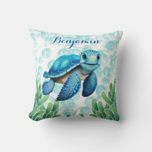 Teal Blue Sea Turtle Seaweed Baby Boy Gift Cushion