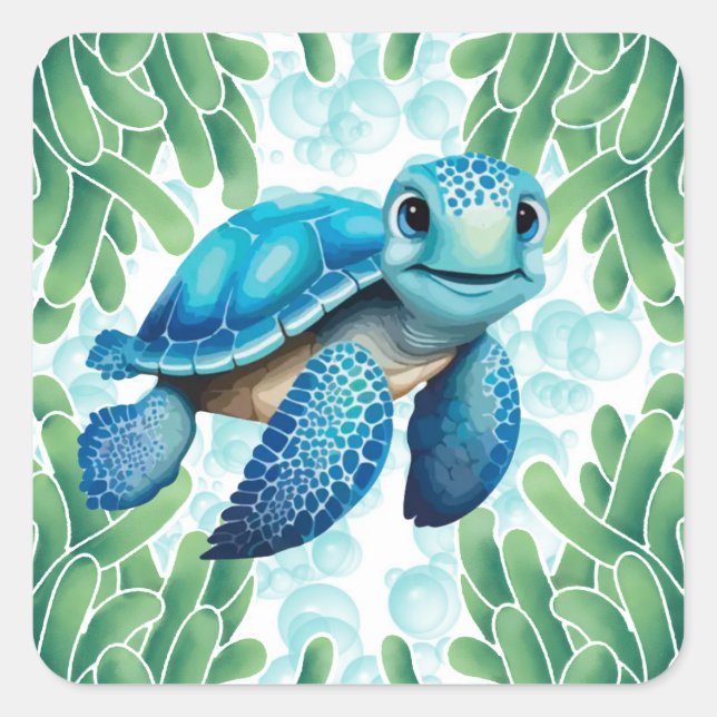 Teal Blue Sea Turtle Seaweed Boy Baby Shower Square Sticker (Front)
