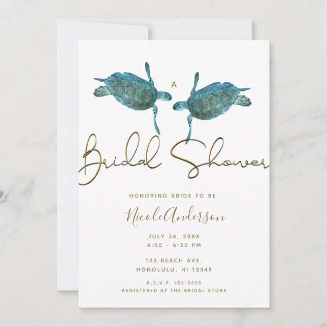 Teal Blue Sea Turtles Gold Beach Bridal Shower  Invitation (Front)