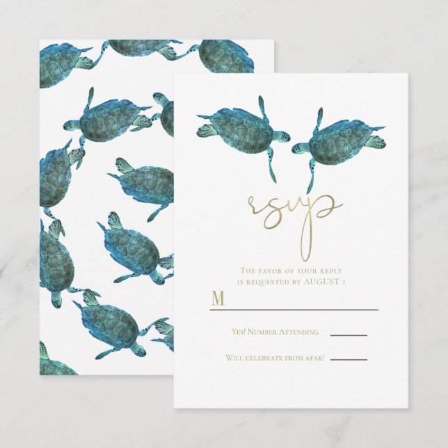 Teal Blue Sea Turtles Gold Beach Wedding RSVP Invitation (Front/Back)