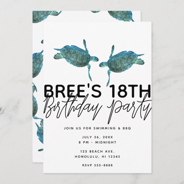 Teal Blue Sea Turtles Ocean Beach Birthday Party Invitation (Front/Back)