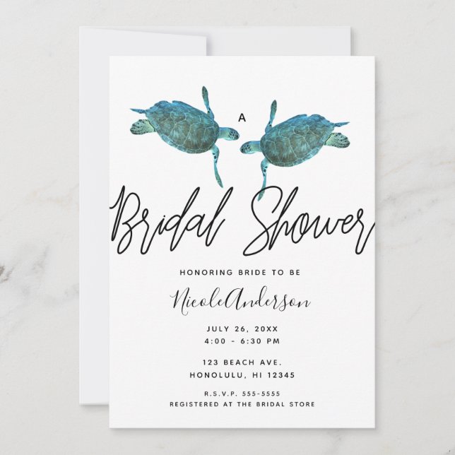 Teal Blue Sea Turtles Ocean Beach Bridal Shower Invitation (Front)