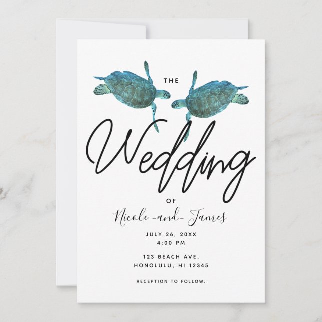 Teal Blue Sea Turtles Ocean Elegant Beach Wedding Invitation (Front)