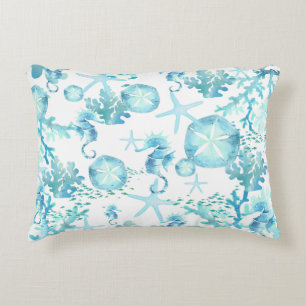 Teal Blue Seahorse Sanddollar Seashell Coral Reef Decorative Cushion
