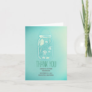 teal blue seashells mason jar wedding thank you card