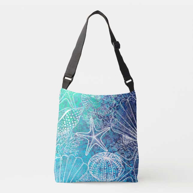 Teal Blue Seashells Starfish Shell Beachy  Crossbody Bag (Front)