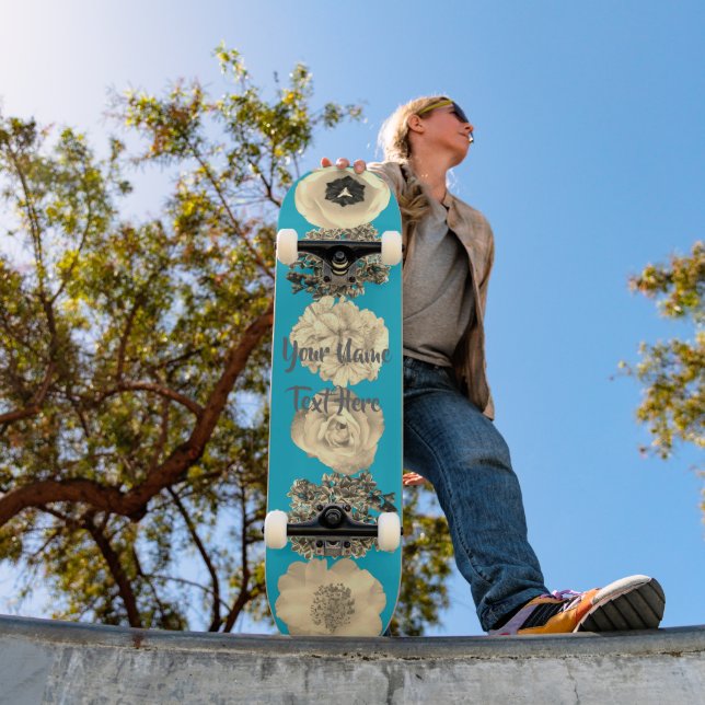Teal Blue Sepia Flower Skateboard (Outdoor 1)