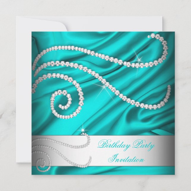 Teal Blue Silk White Diamonds Birthday Party Invitation (Front)